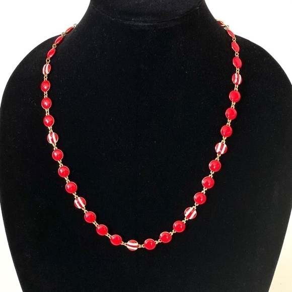 Vintage Necklace Metal Red Enamel Gold Tone - Picture 3 of 8